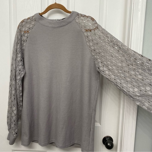 Miholl Waffle Knit Long Sleeve Lace Shirt Gray Blouse Size XXL - Picture 4 of 10